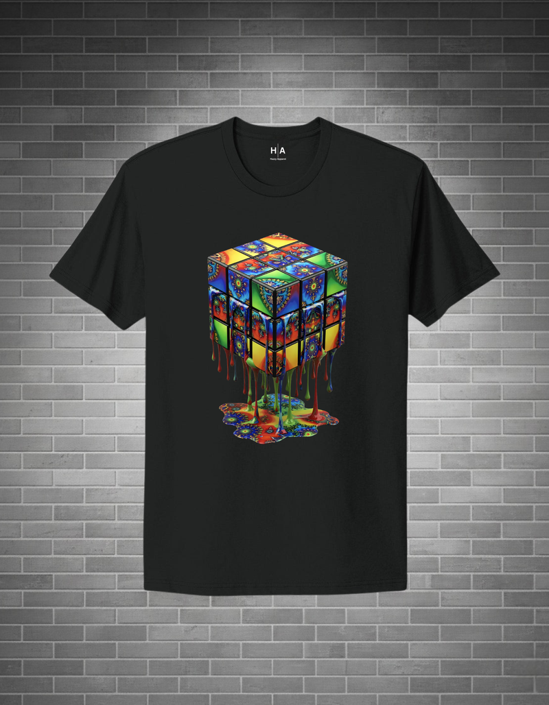 Black t-shirt with a colorful cube design on a brick wall background