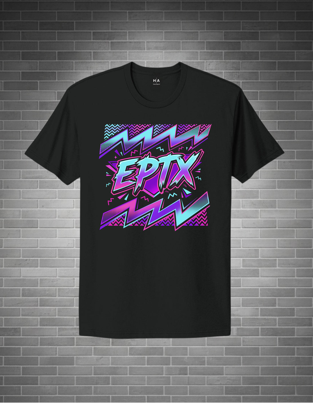 A black short-sleeve t-shirt with a vibrant 80s-style graphic on the chest featuring the text 'EPTX' in pink and purple with neon lightning bolt accents, displayed against a gray brick wall background.
