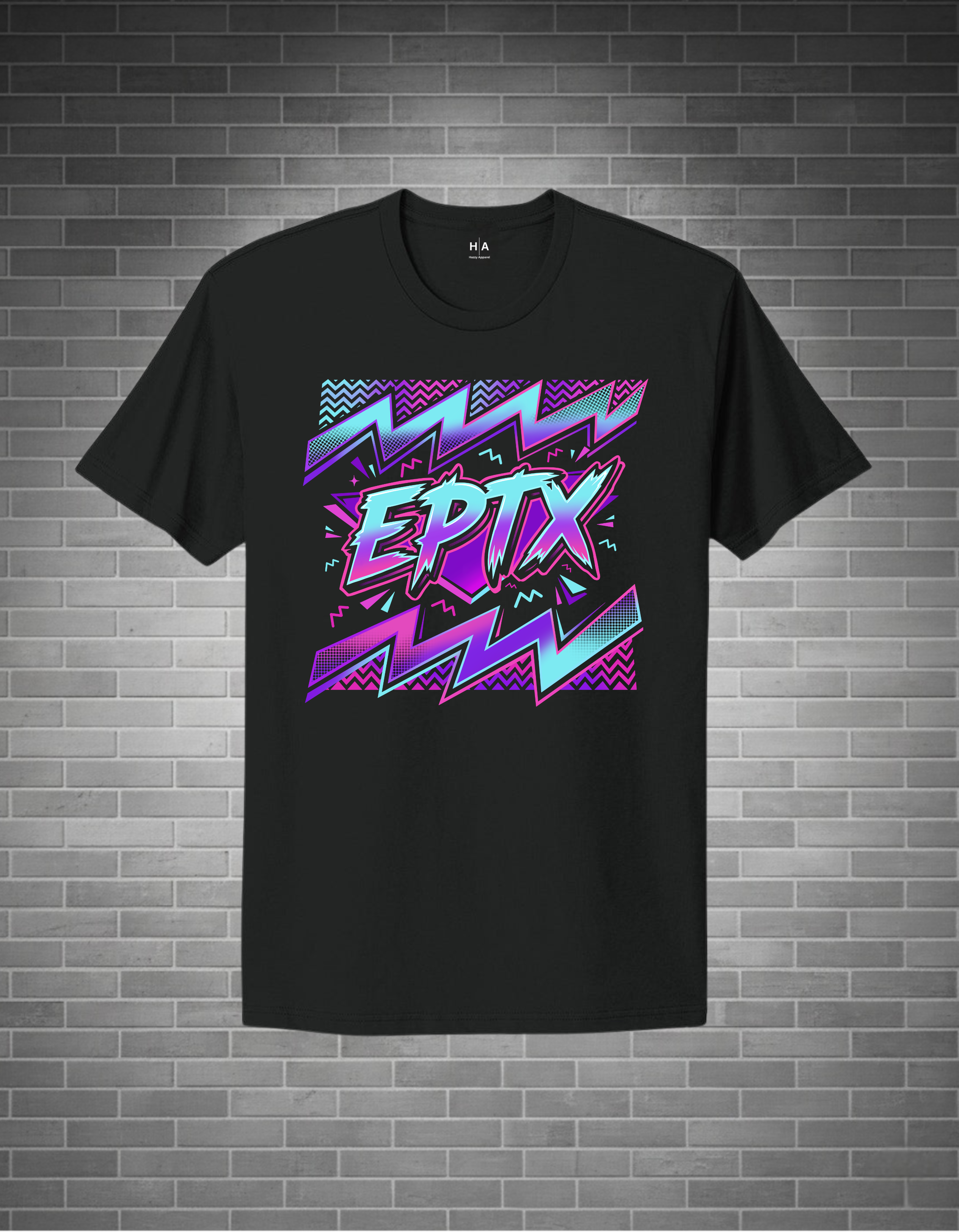 A black short-sleeve t-shirt with a vibrant 80s-style graphic on the chest featuring the text 'EPTX' in pink and purple with neon lightning bolt accents, displayed against a gray brick wall background.