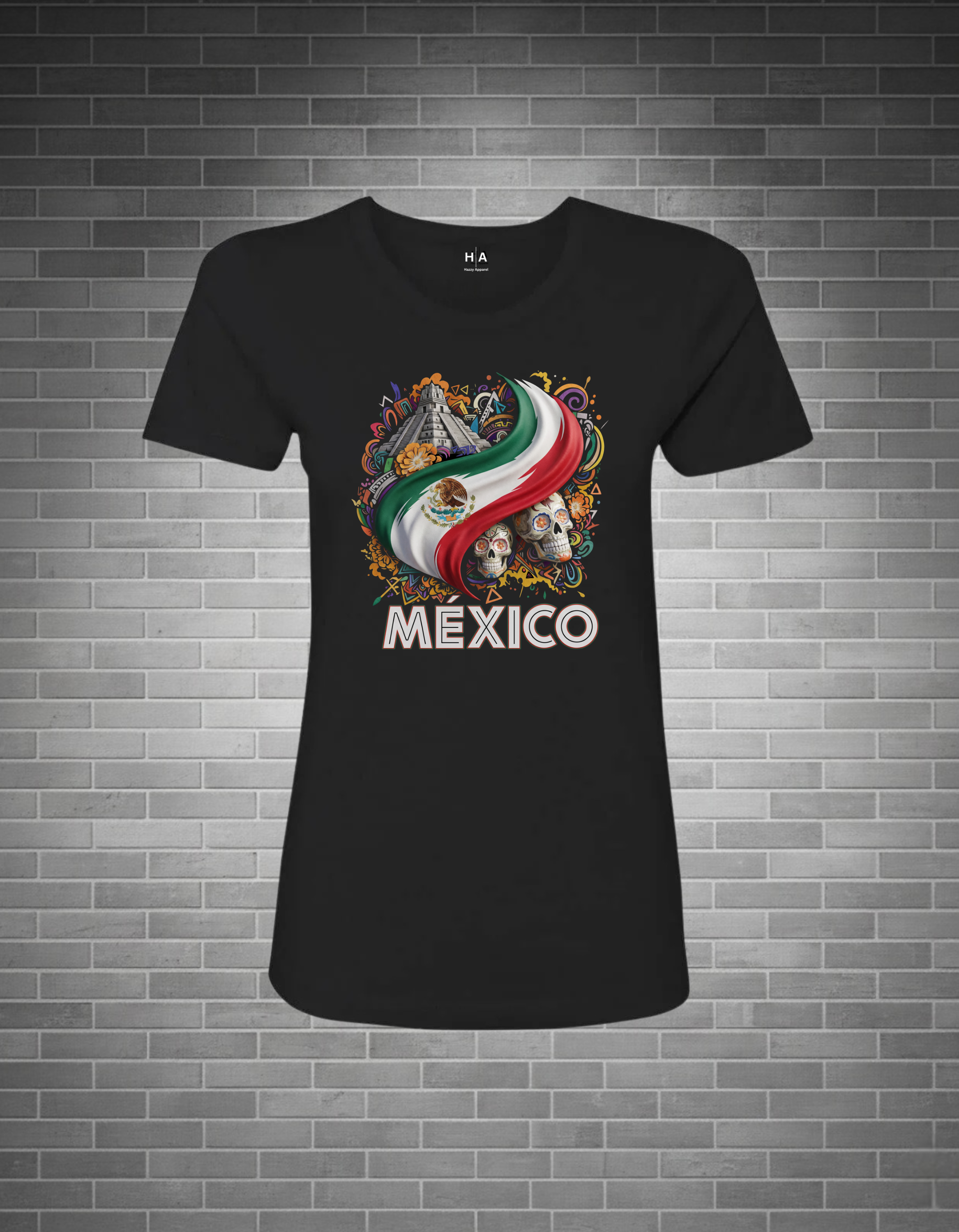Black t-shirt with Mexican-themed design on a brick wall background