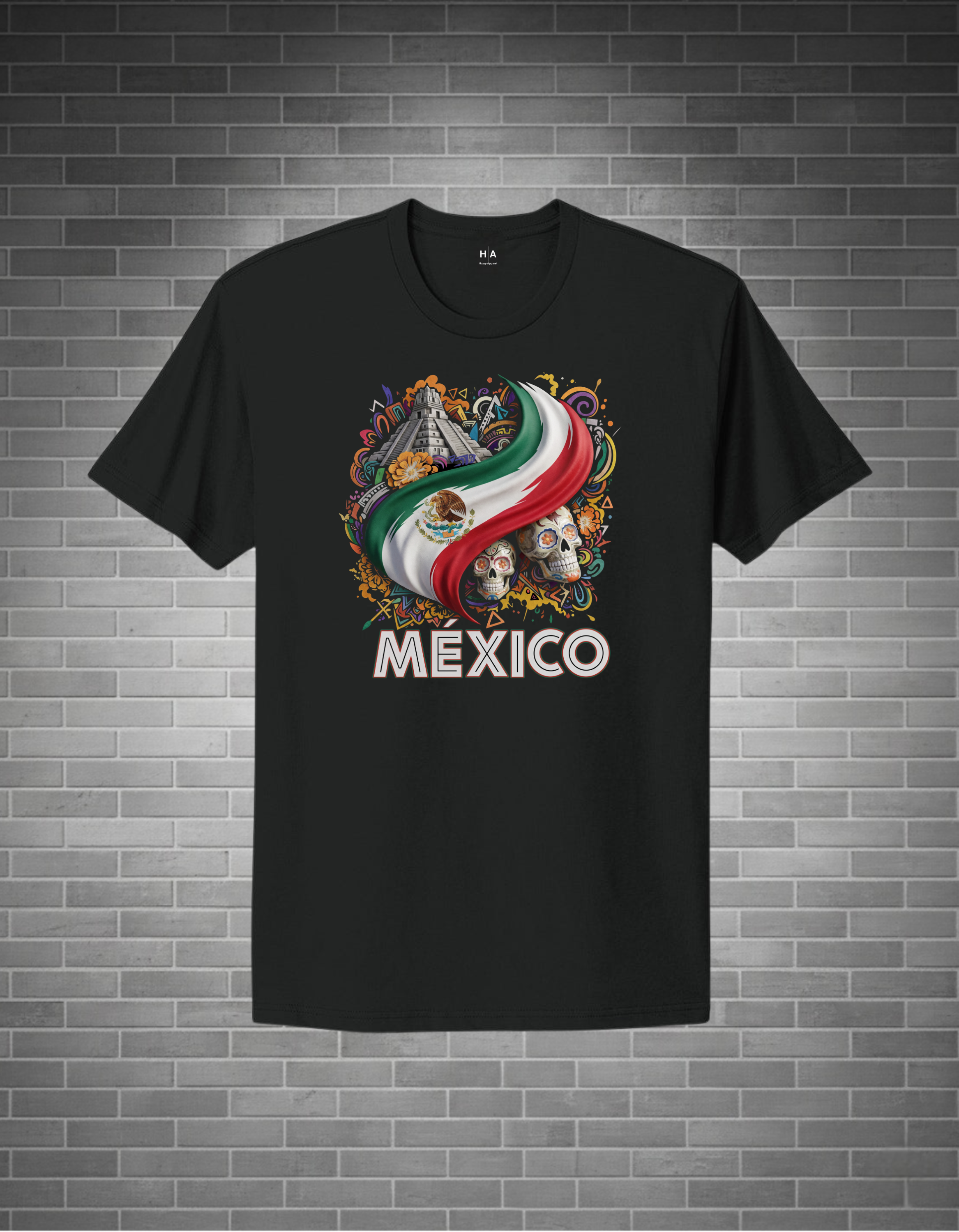 Black t-shirt with Mexican flag design and 'MEXICO' text on a brick wall background