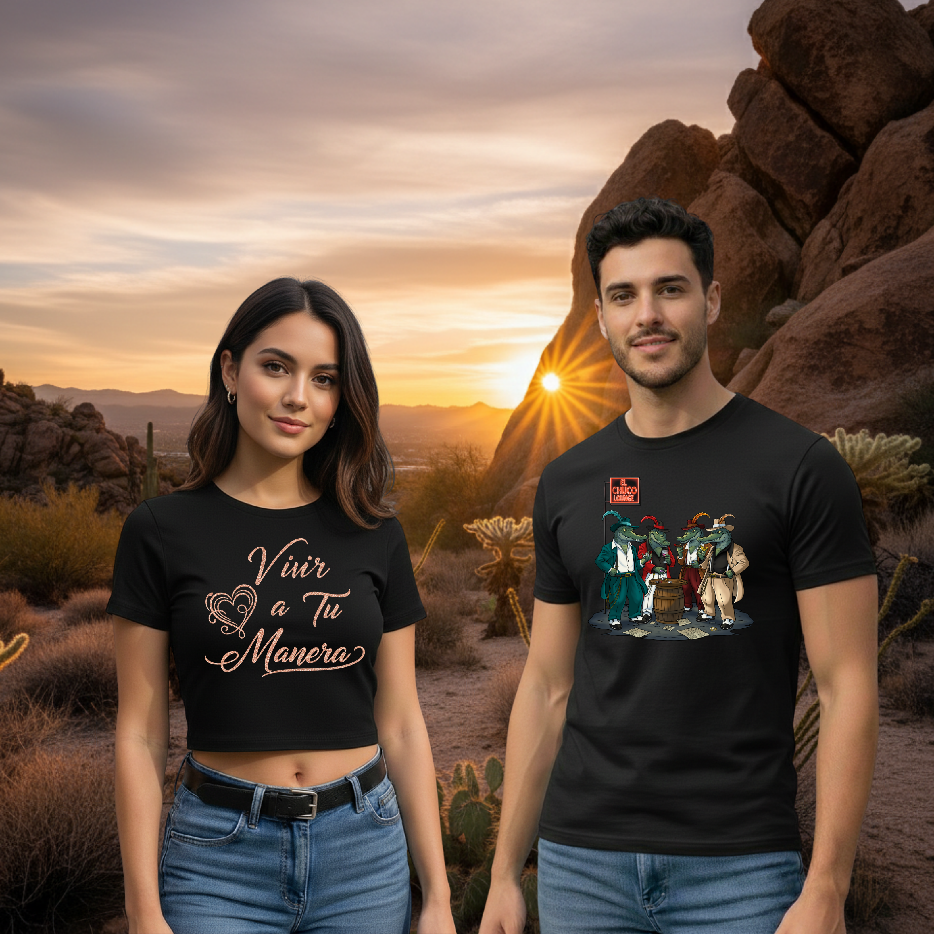 Two people wearing black t-shirts in a desert setting with a sunset.