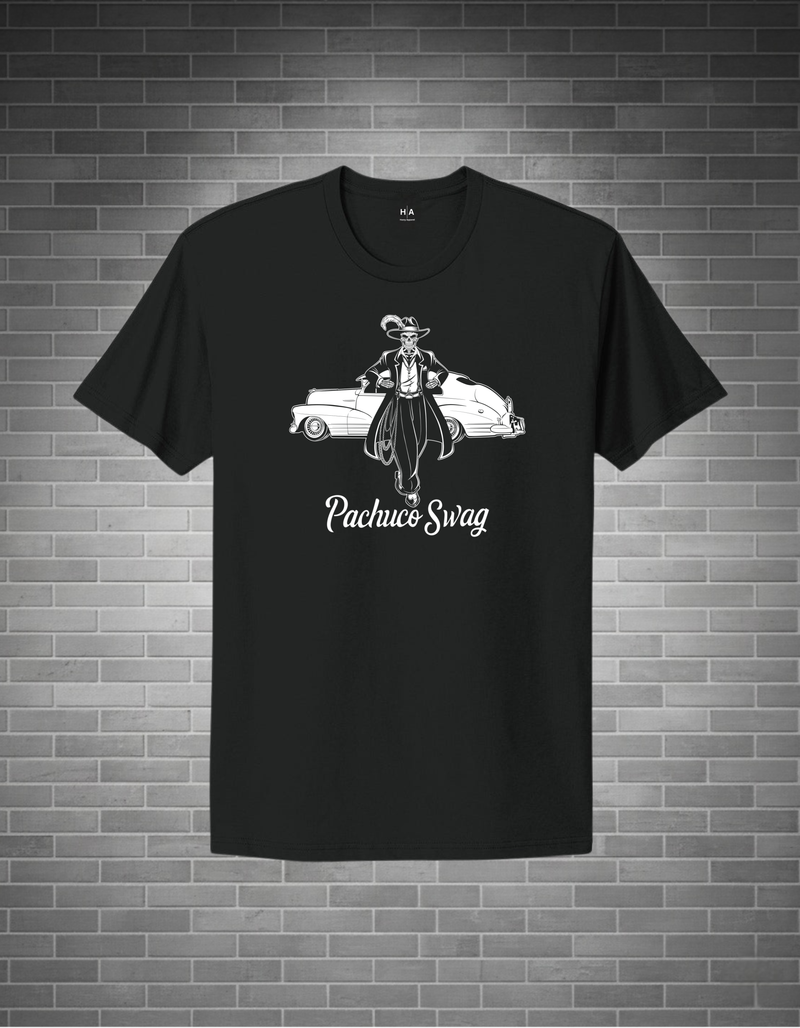 Black t-shirt with a graphic design and text on a brick wall background