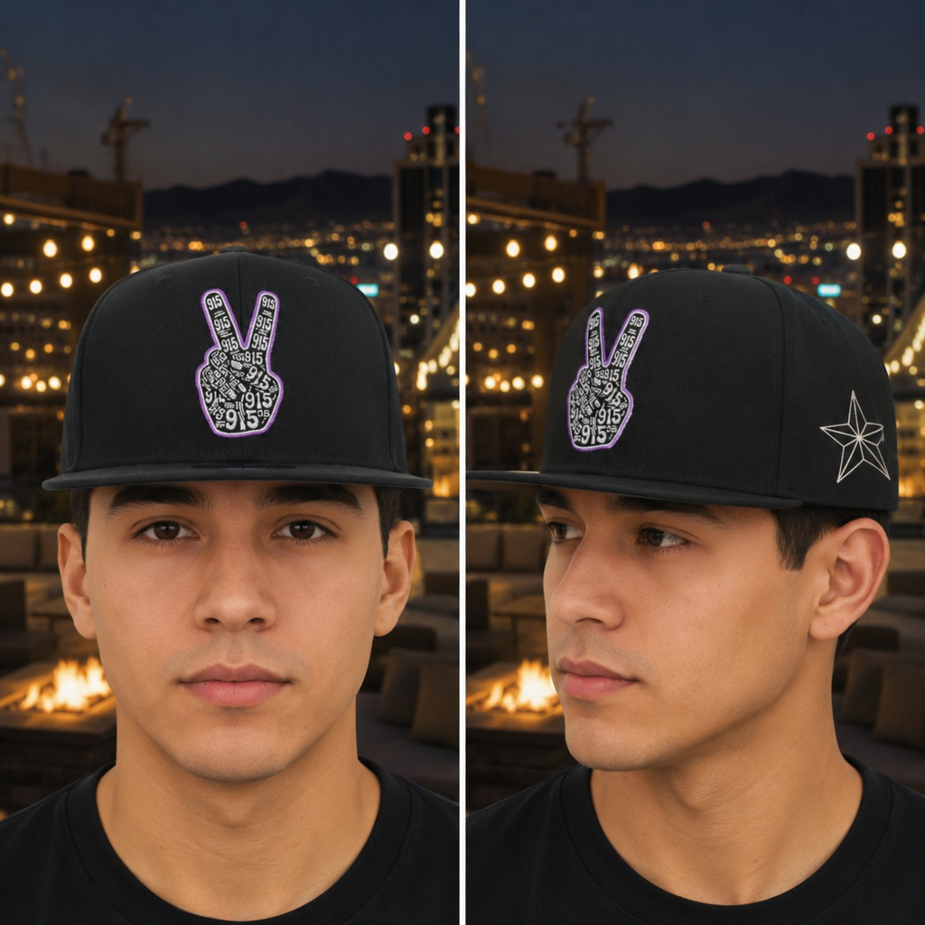 Two views of a person wearing a black cap with a peace sign design against a cityscape background.