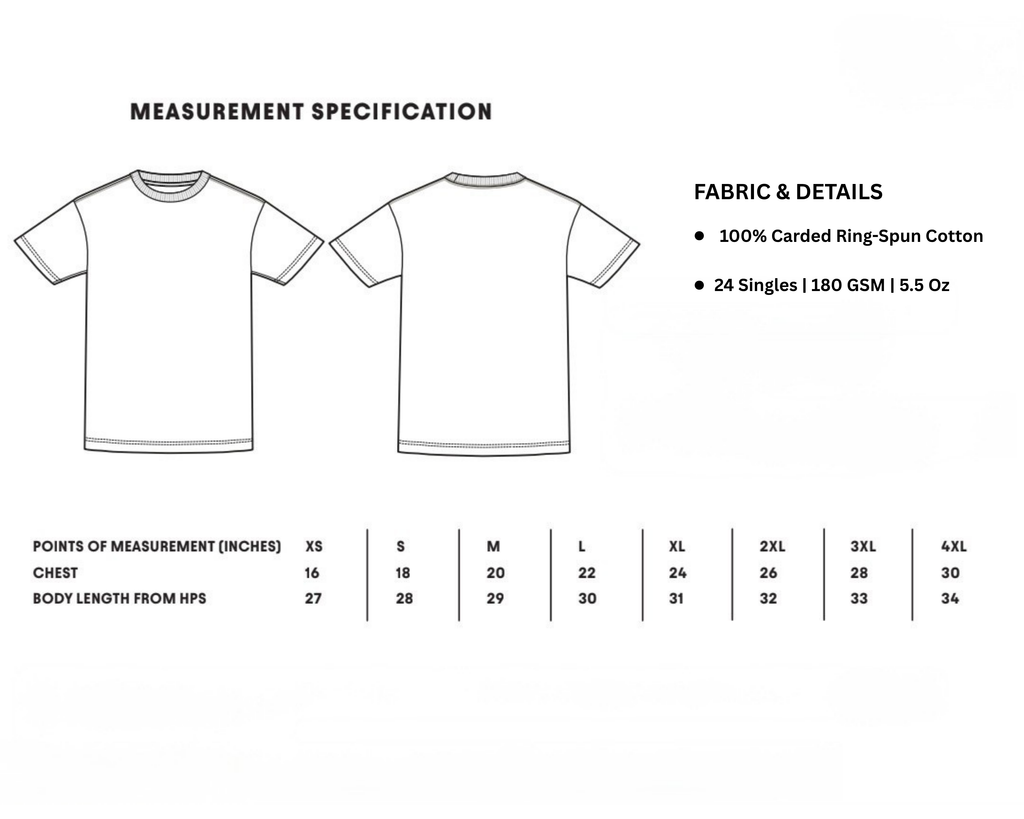 Measurement specification chart for a t-shirt with fabric details on a white background
