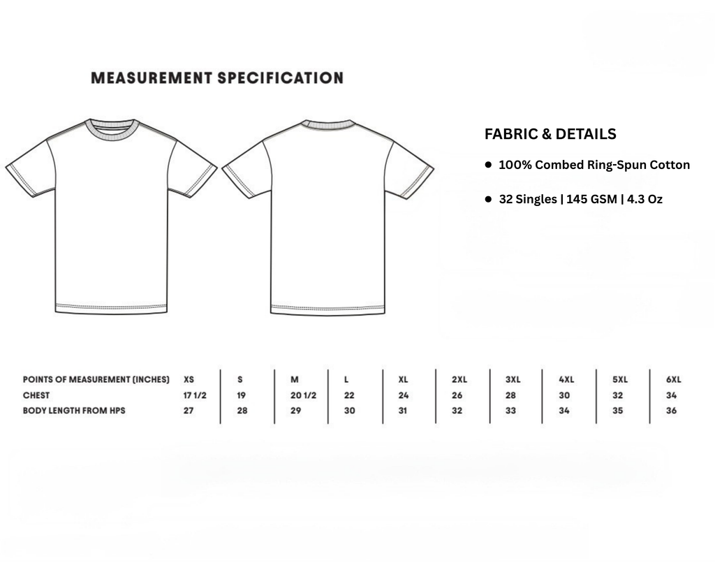 Measurement specification chart for a t-shirt with fabric details on a white background