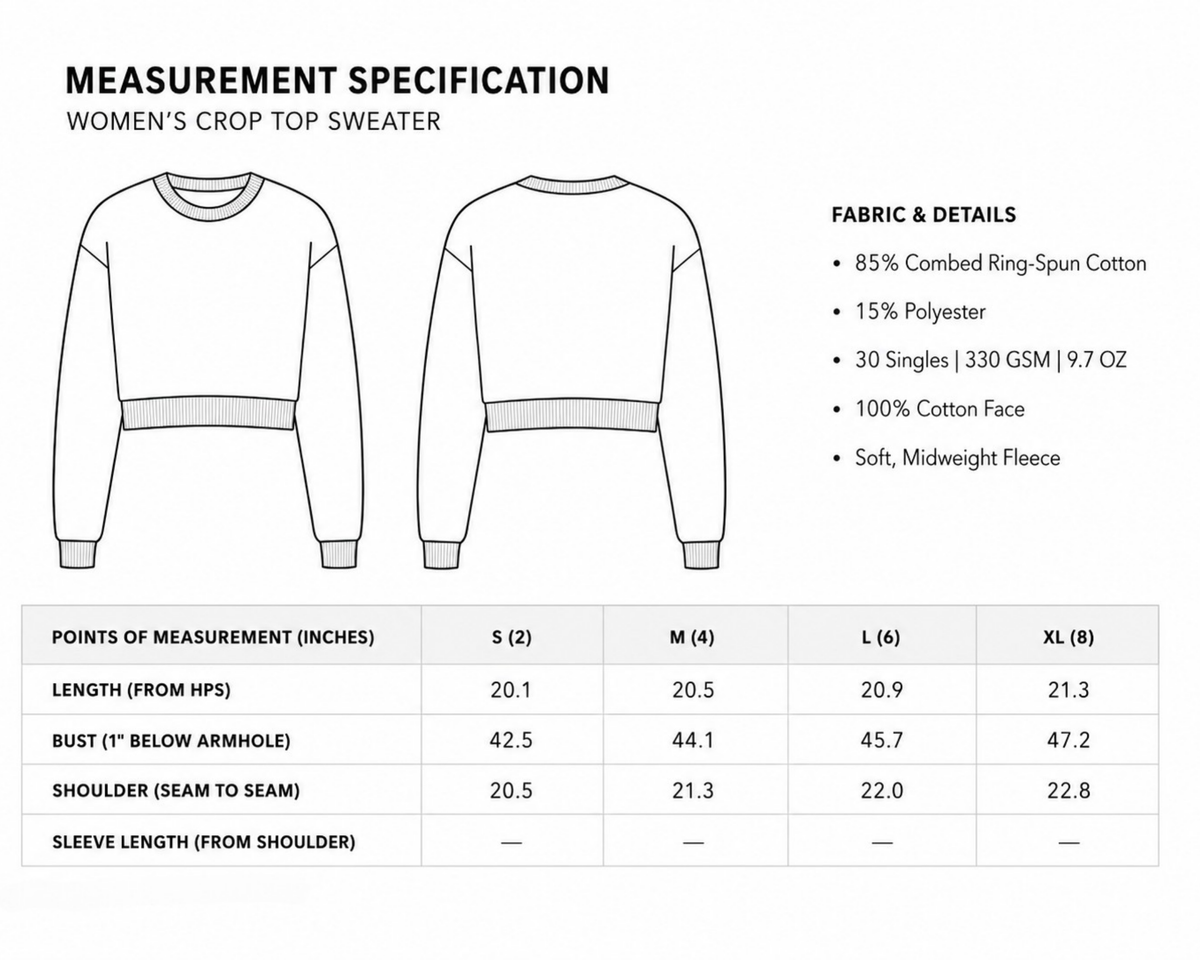 Measurement specification chart for women's crop top sweater with fabric details and size chart.