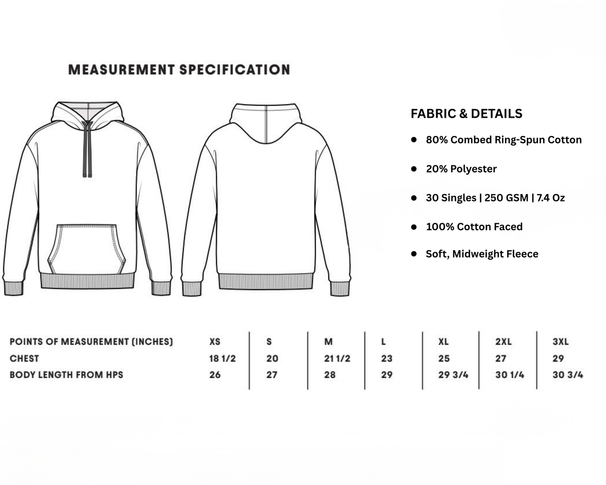 Measurement specification chart for a hoodie with fabric details and size chart.