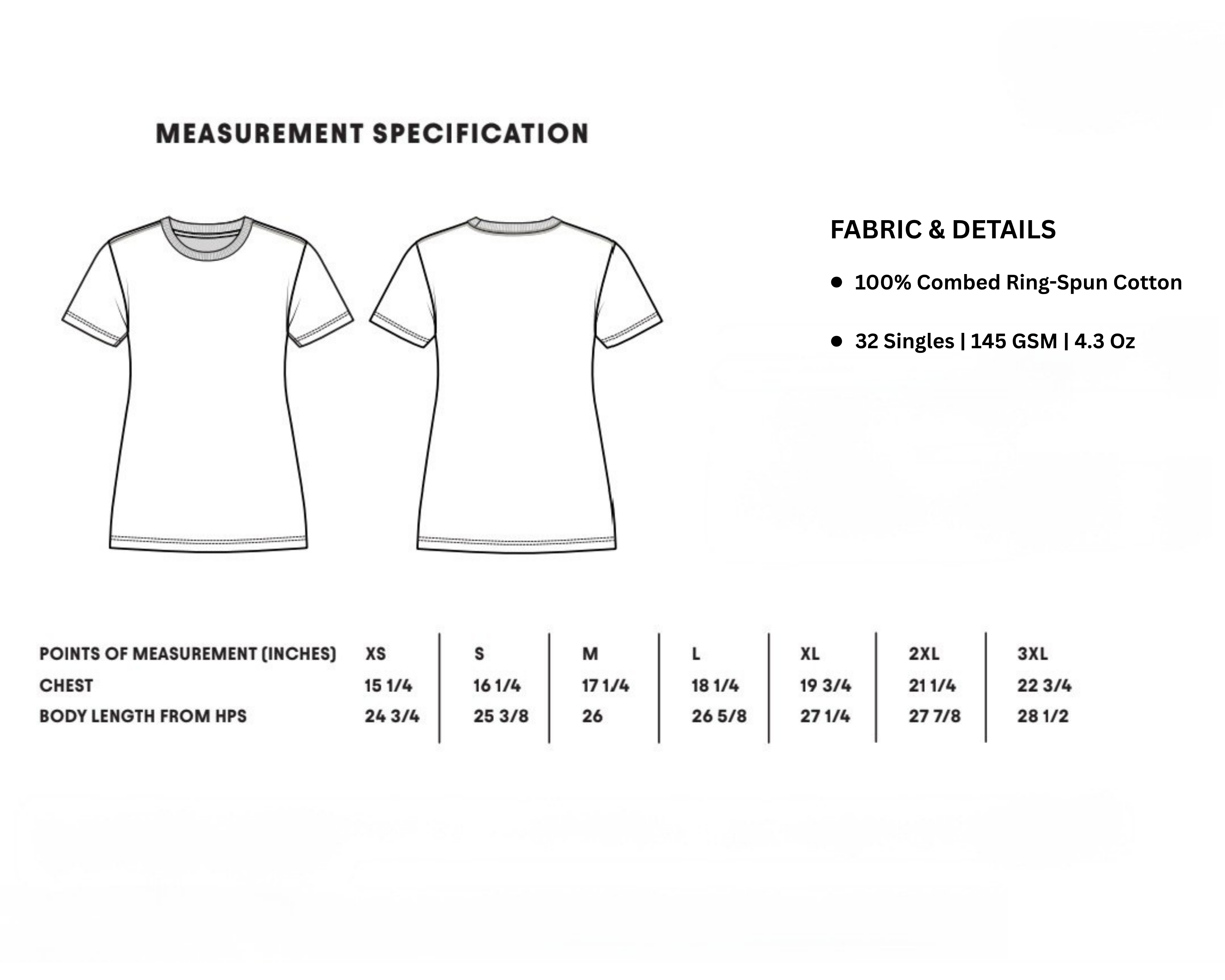 Measurement specification chart for a t-shirt with fabric details and size chart.