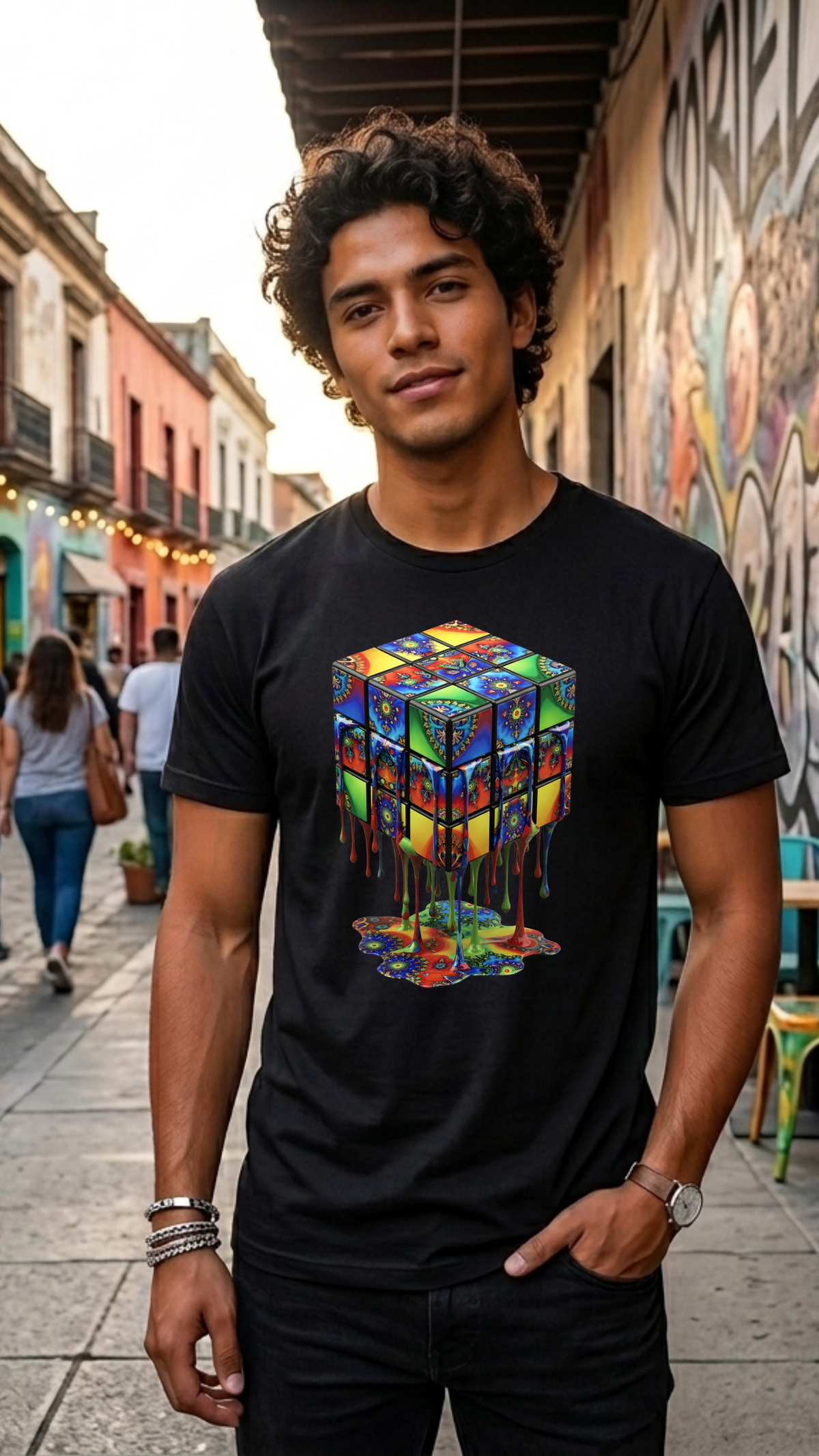 Man wearing a black t-shirt with a colorful graphic design on a street with graffiti.