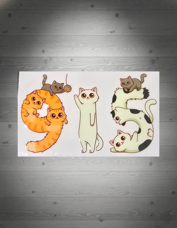 Sticker design with cartoon cats on a white background, featuring numbers 9,1, and 5.