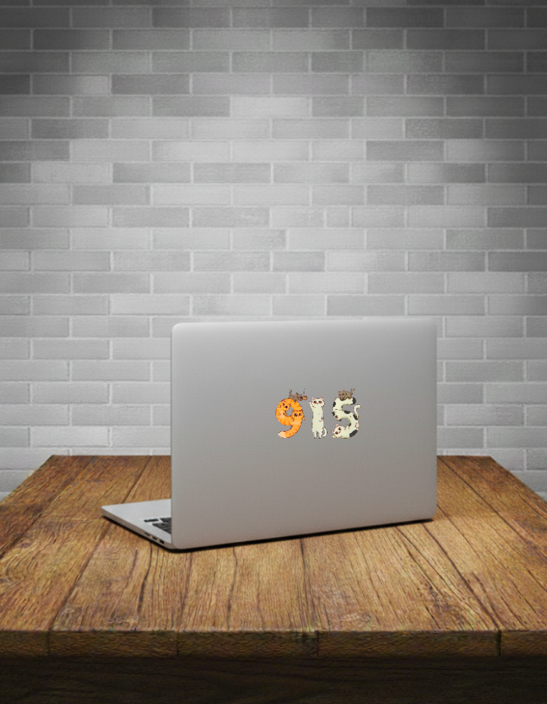 Laptop with a '915' cat sticker on a wooden table against a brick wall.
