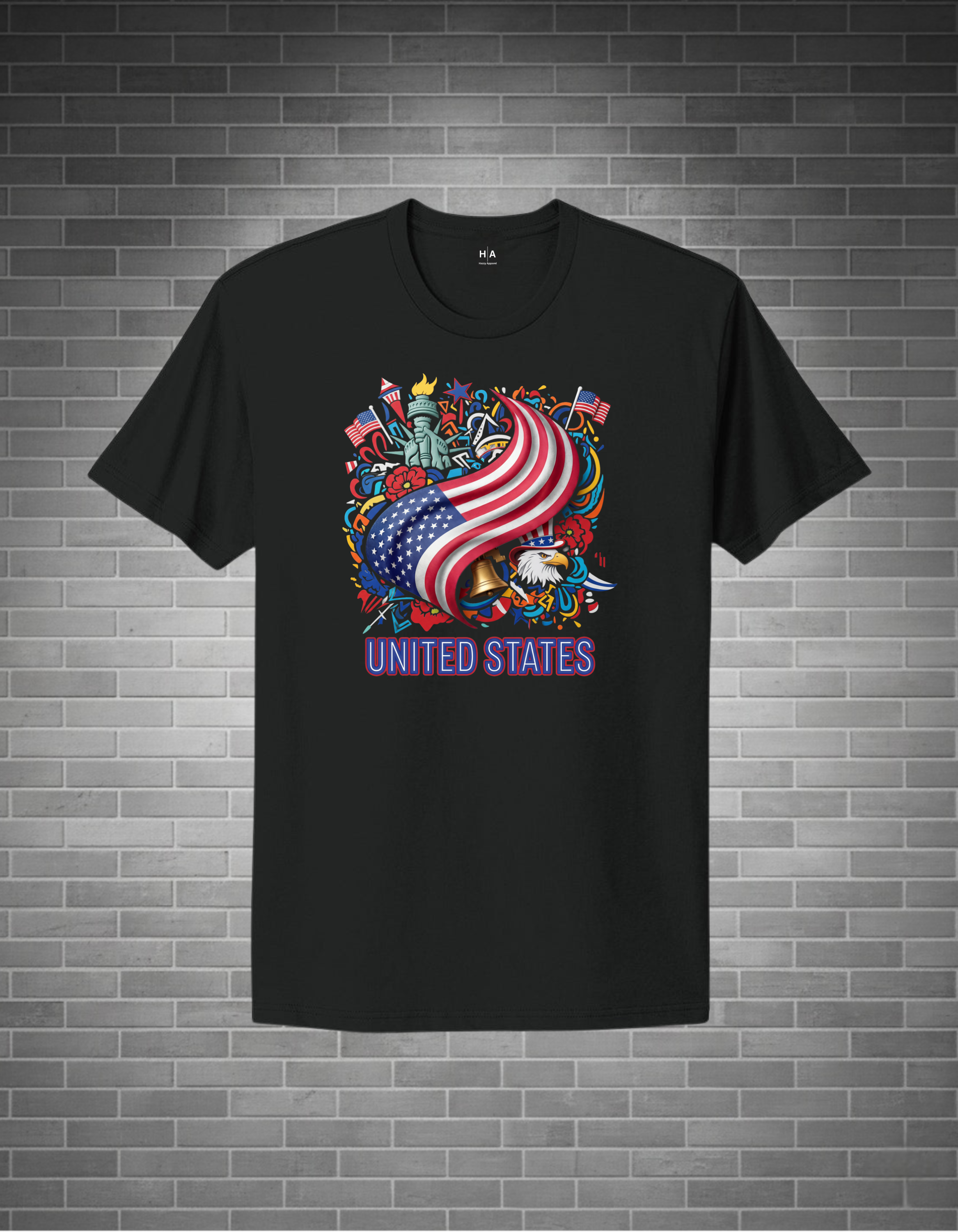 Black t-shirt with colorful 'United States' design featuring the Statue of Liberty on a brick wall background.