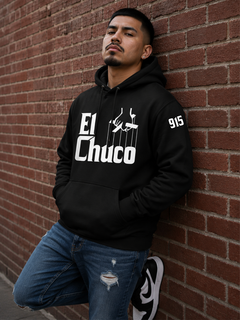 model wearing black hoodie with el chuco godfather logo