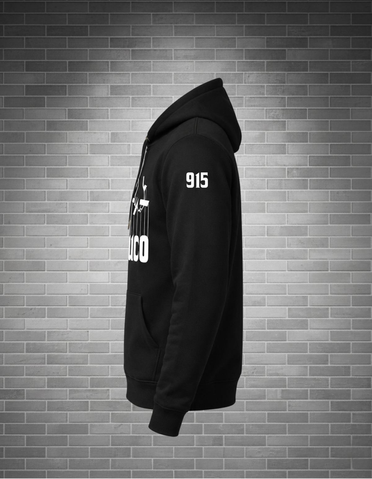 Hoodie side view 15 on sleeve grey brick background