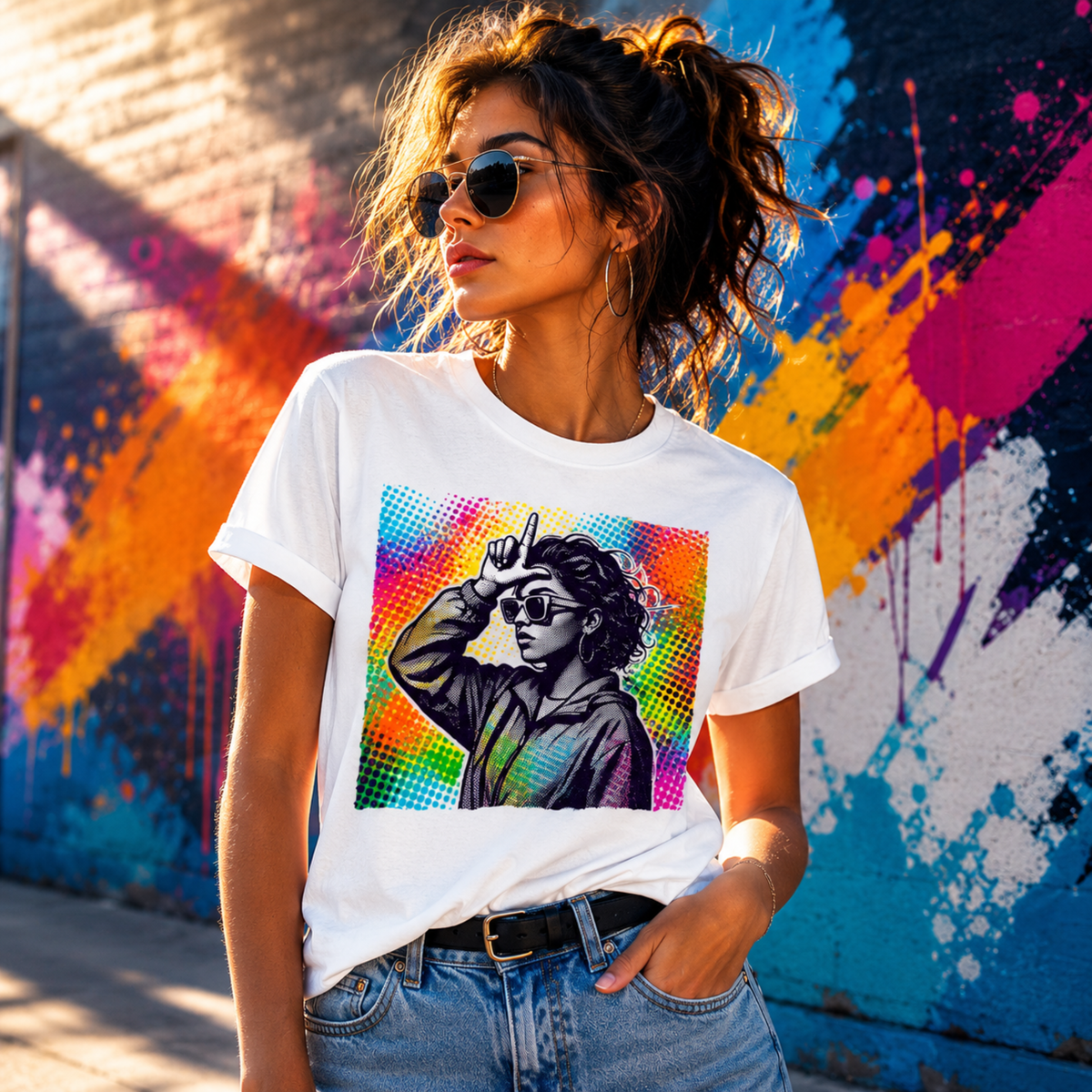 A woman wearing a white graphic t-shirt with a colorful pop-art print, styled with blue jeans and sunglasses, standing in front of a vibrant graffiti wall.