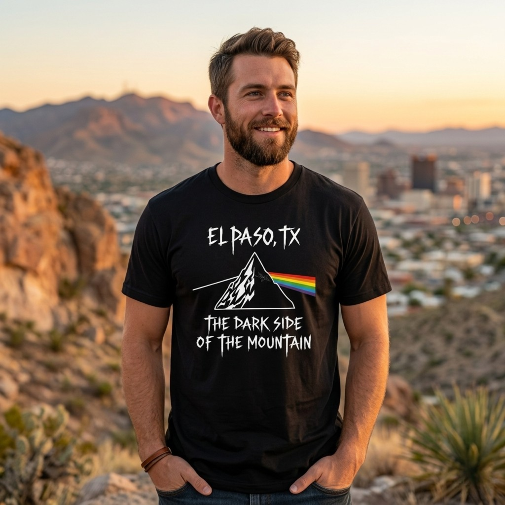 A man wearing a black graphic t-shirt with a white mountain print, 'EL PASO, TX' text, and a rainbow stripe, standing outdoors against a sunset mountain cityscape.