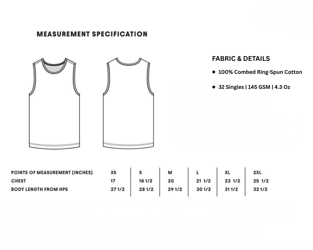 Measurement specification chart for a sleeveless tank top, showing front and back line drawings of the garment, fabric details, and a size table with chest and body length measurements from HPS for sizes XS through 2XL.