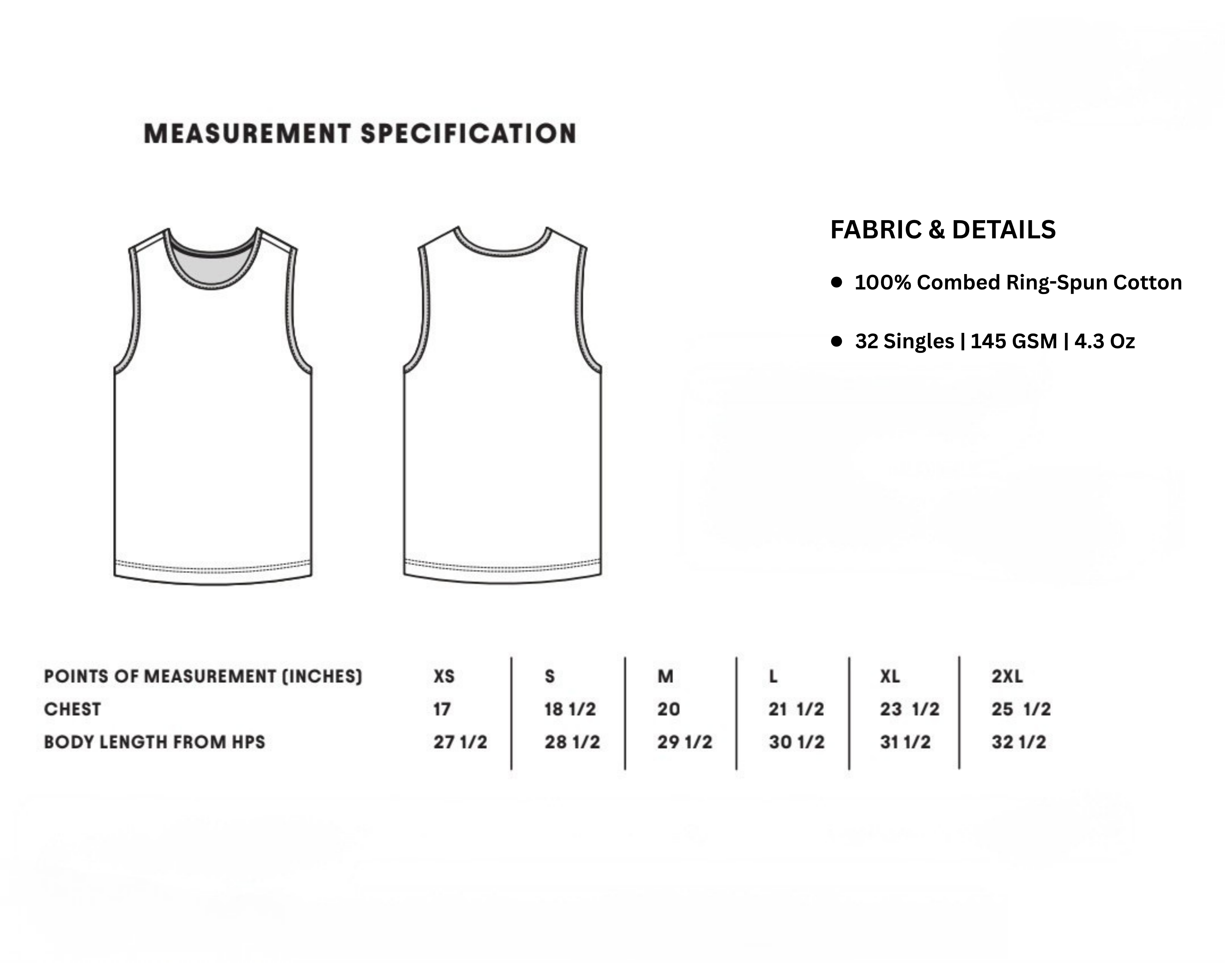 Measurement specification chart for a sleeveless tank top, showing front and back line drawings of the garment, fabric details, and a size table with chest and body length measurements from HPS for sizes XS through 2XL.